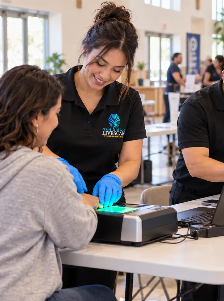 A San Diego Livescan technician fingerprinting a volunteer on a portable Live Scan scanner at a community event