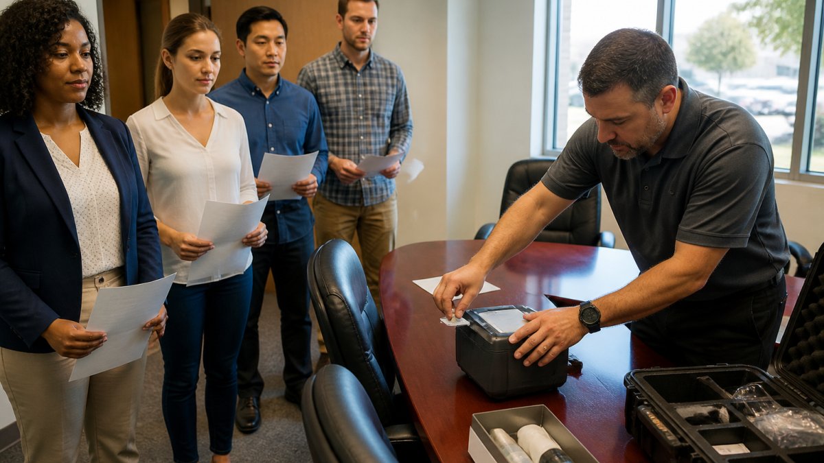A fingerprint technician setting up a compact electronic fingerprint scanner on a table in an office conference room while several employees wait in line with paperwork in hand