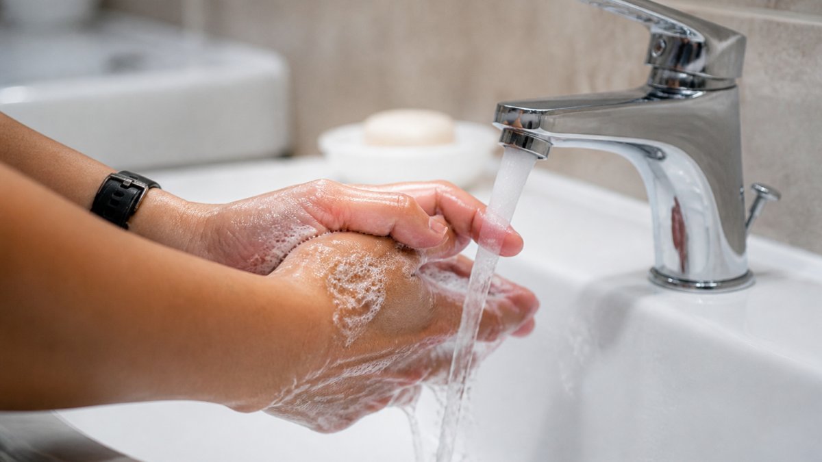 Close-up of a person's hands being washed with soap and warm water at a bathroom sink, water running over clean fingertips, soft bathroom lighting