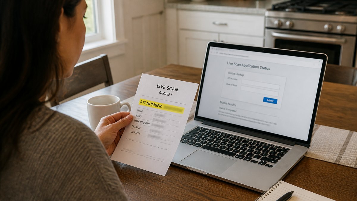 A person sitting at a kitchen table with a laptop open to a government status lookup page, holding a paper Live Scan receipt with a highlighted ATI number, natural daylight