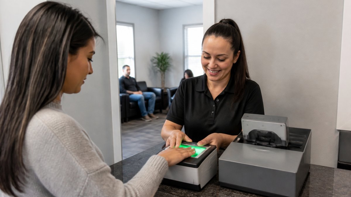 A friendly technician at a clean front desk guiding a walk-in customer through fingerprint capture on an electronic Live Scan device, with a small waiting area visible in the background