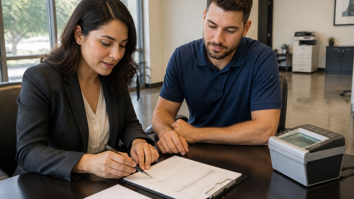 A small business owner and a new employee sitting at a desk reviewing a Live Scan request form together, a fingerprint scanner on the counter, bright modern office with natural window light