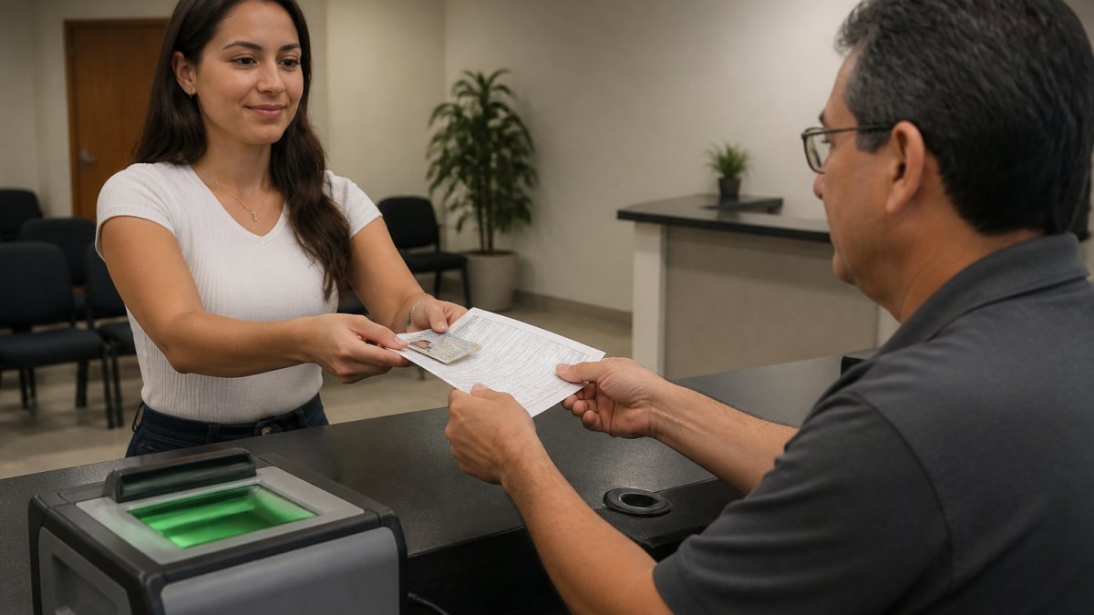 A volunteer at a fingerprinting counter handing a driver's license and a completed paper form to a technician, with a digital fingerprint scanner on the desk under warm office lighting