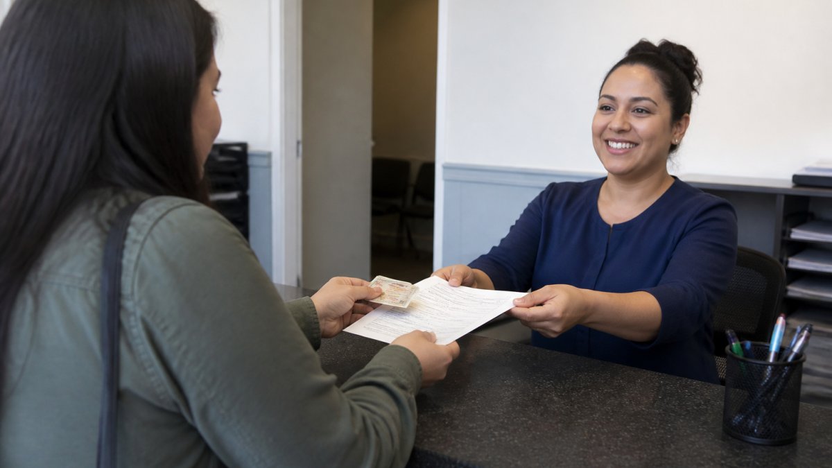 A person standing at a fingerprinting counter, handing over a driver's license and a completed Live Scan request form to a friendly technician in a clean, well-lit office